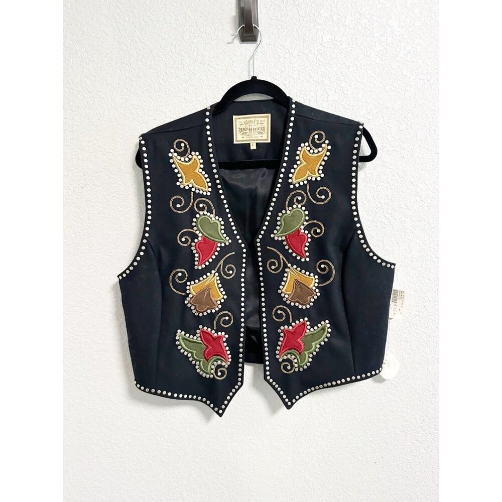 Double D Ranch Embroidered Studded Wool Blend Western Vest Floral Heart Large